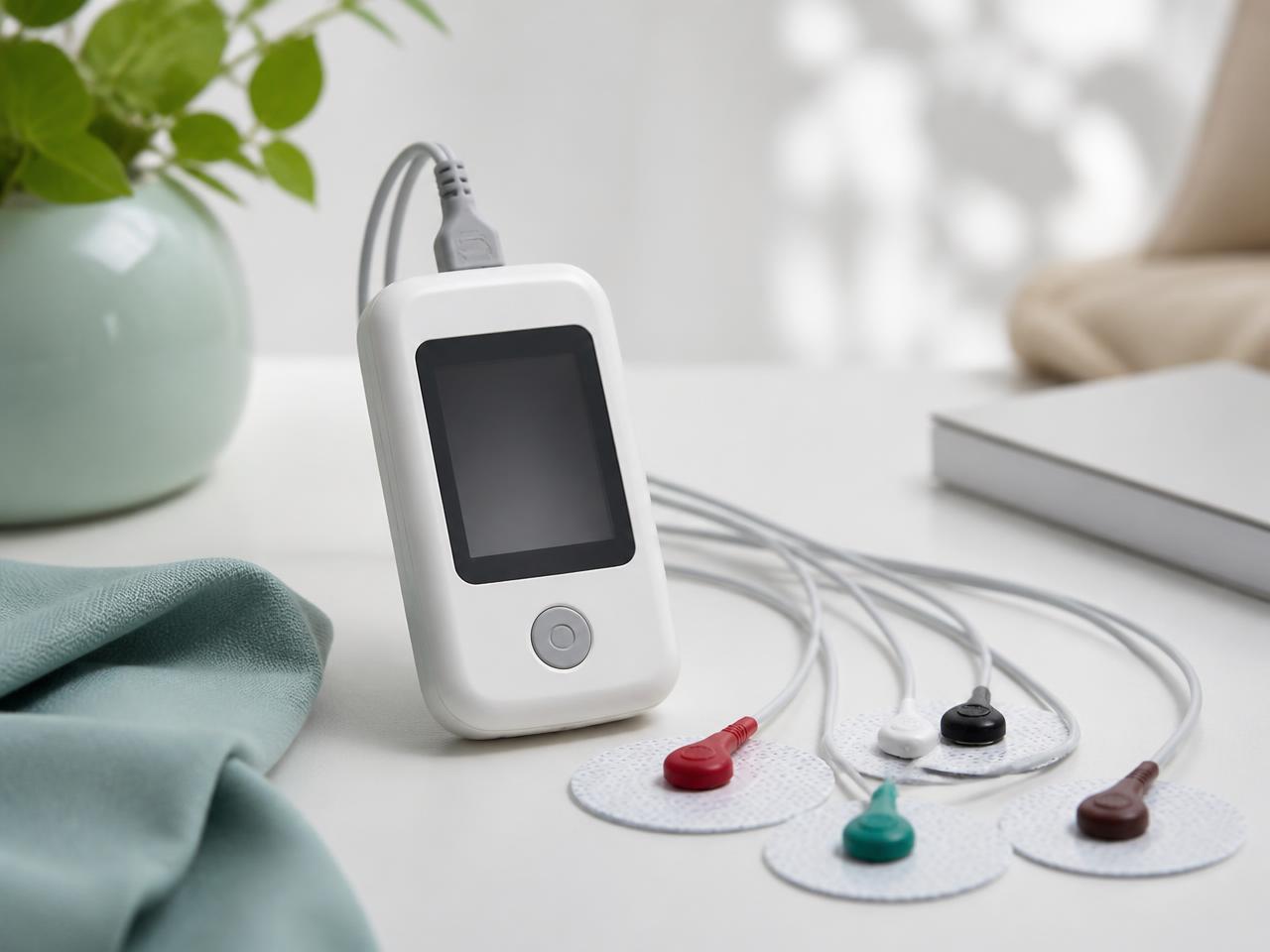 Holter-rekisteröintilaite ja elektrodit pöydällä